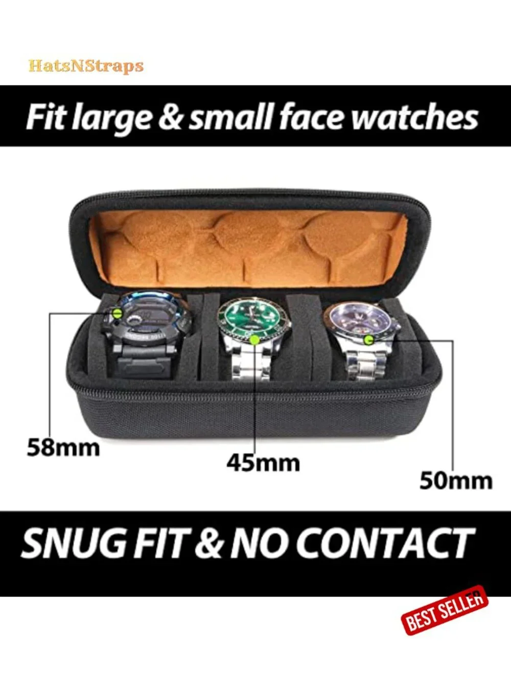 Hard Watch Case Travel Organizer for Men Women Microfiber Lining 3 Slots